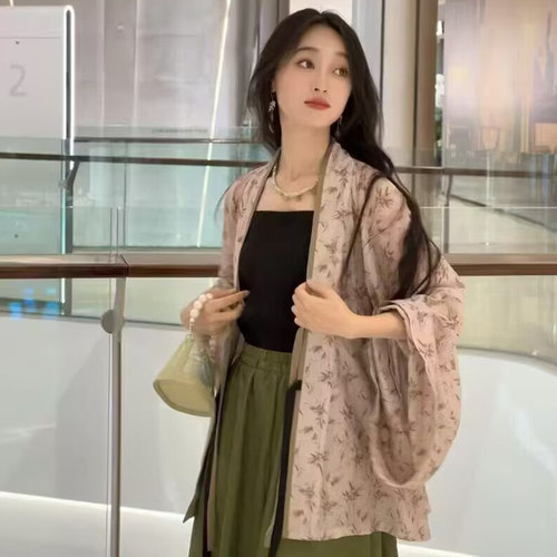 明星同款竹叶印花飞机袖国风宽松