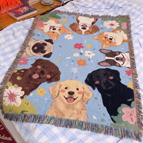 萌犬派对可爱狗狗艺术棉线挂毯沙发毯针织盖毯diy木框毯子落地画