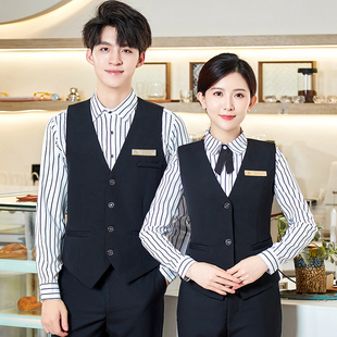 酒店餐饮服务员工作服职业马甲套装条纹长袖衬衫女前台收银员工装