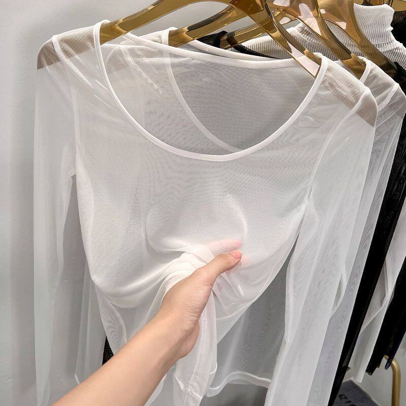 低领网纱打底衫女内搭透明薄纱白色沙体防晒t恤纱衣黑色蕾丝上衣