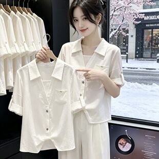 假两件Polo领七分袖衬衫女春夏法式小资减龄气质单穿别致独特上衣