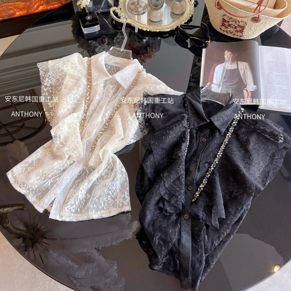 法式荷叶边飞飞袖翻领衬衫