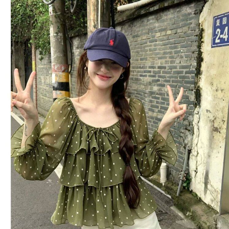 秋季女装小个子新款波点荷叶边雪纺长袖小衫打底衫
