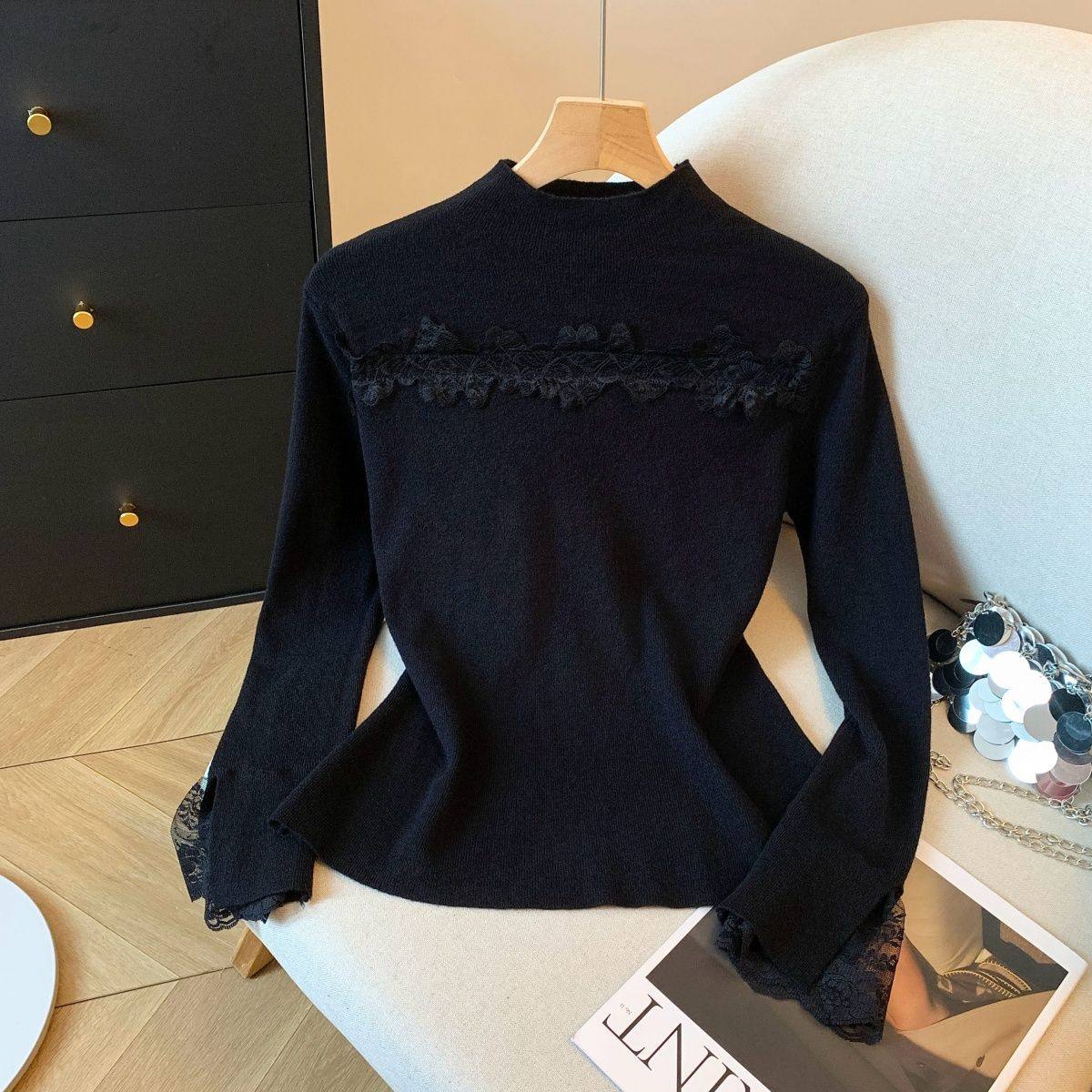 秋冬季内搭洋气减龄时尚针织衫女半高领蕾丝花边拼接镂空长袖上衣,女装/女士精品,蕾丝衫/雪纺衫,淘宝优惠券,粉丝福利购,淘宝优惠卷