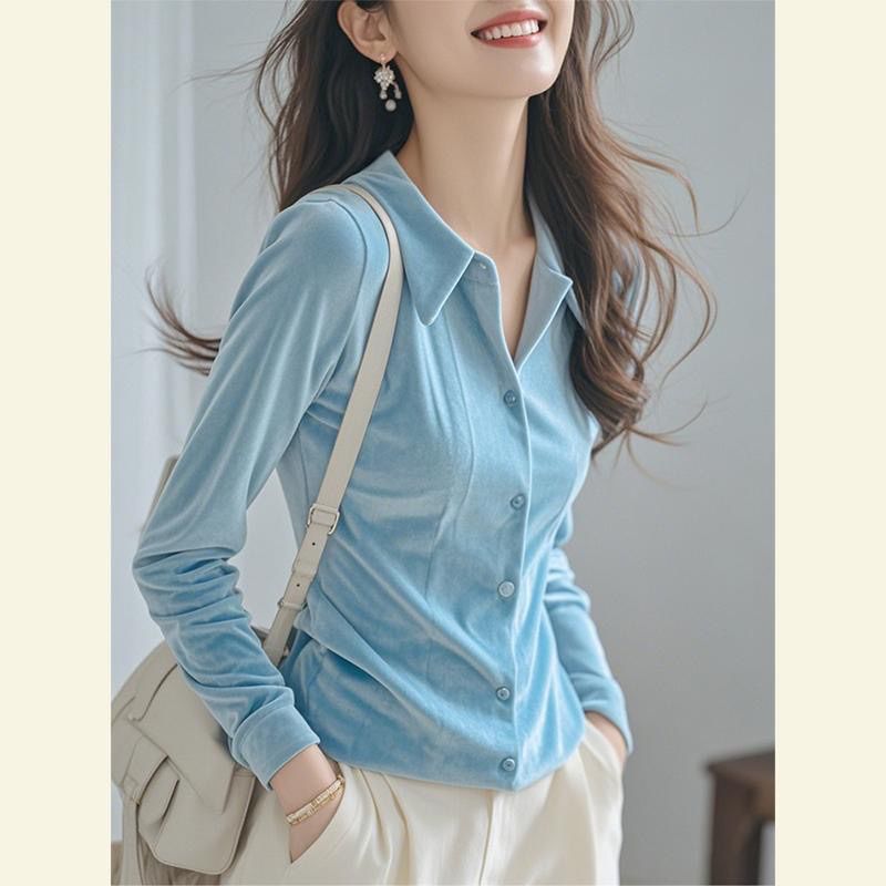 设计感polo领金修身丝绒衬衫女