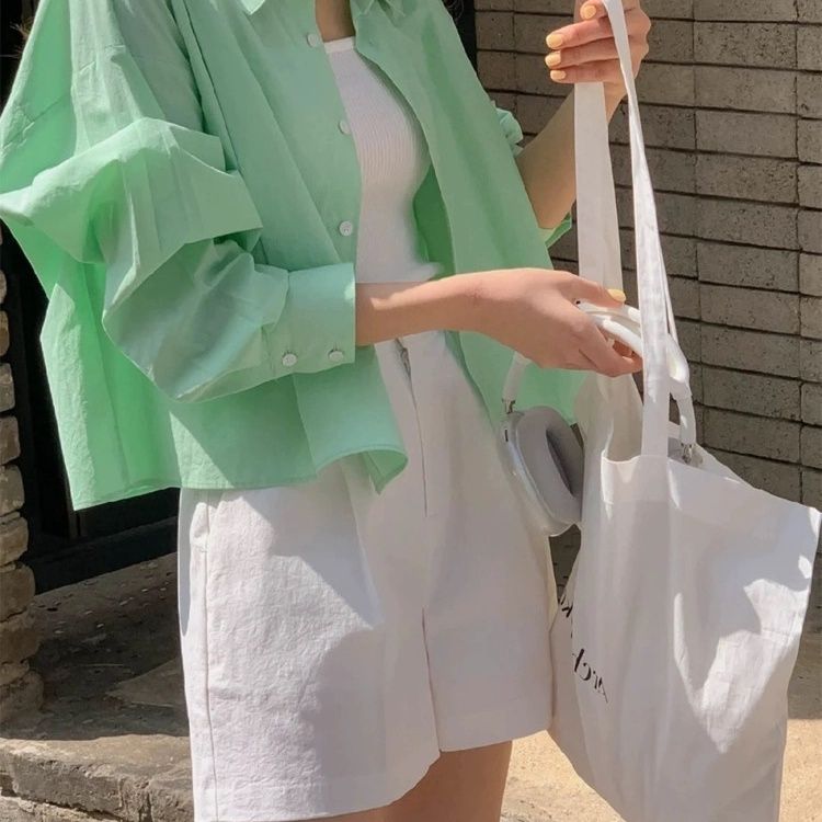 韩系短款纯棉长袖纯色衬衫女图片