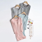 条纹连衣裙宽松大码 莫代尔春秋款 中长款 睡裙罩杯一体式 带胸垫长袖