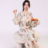 连衣裙人造棉中年妈妈家居睡衣裙 长袖 棉绸睡裙女夏宽松大码 中长款