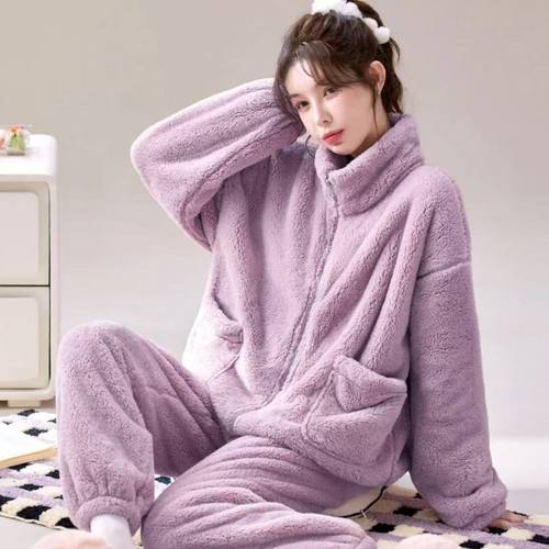 珊瑚绒睡衣女秋冬季加绒加厚2025新款拉链卡通法兰绒冬天厚家居服