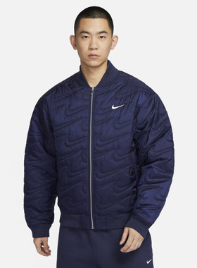 Nike耐克男士棒球服羽绒外套秋冬保暖休闲宽松深蓝色拉链运动茄克