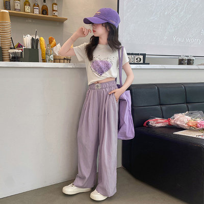 女大童夏装阔腿裤套装洋气女孩夏季薄款山本裤短袖防蚊裤两件套。