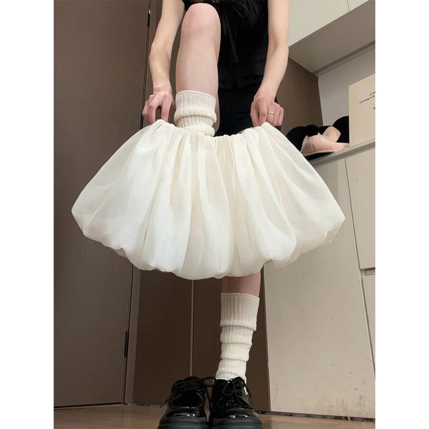 专柜白色蓬蓬蛋糕裙女夏季高腰独特漂亮小个子短裙韩里韩气a字花