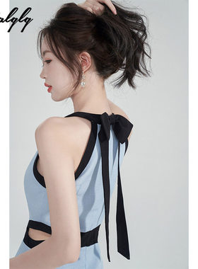 专柜小香风蓝色蝴蝶结挂脖收腰连衣裙女装2026年新款夏日绝美露腰
