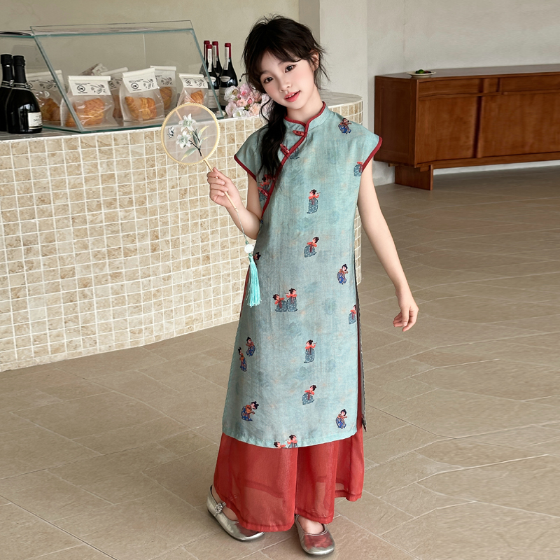 女童夏季汉服套装2025新款儿童夏装古风旗袍连衣裙新中式国风唐装