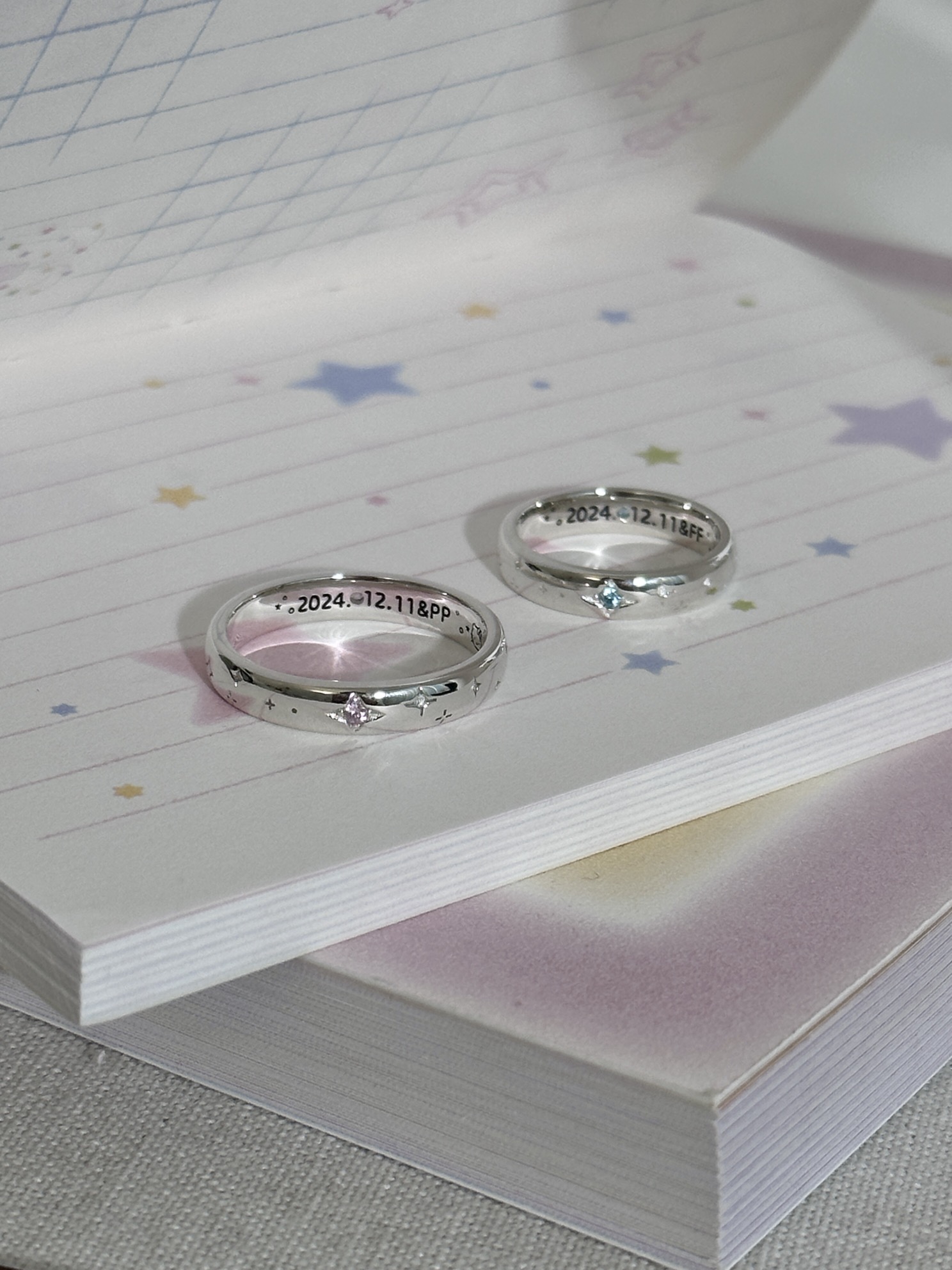 Bell定制/泥鳅背繁星情侣对戒s925纯银闭口指环纪念日礼物送女友