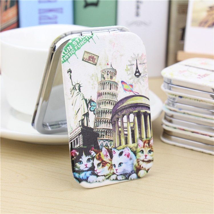 长方形PU皮化妆镜 双面折叠便携式化妆镜 可定制图案方形PU镜子