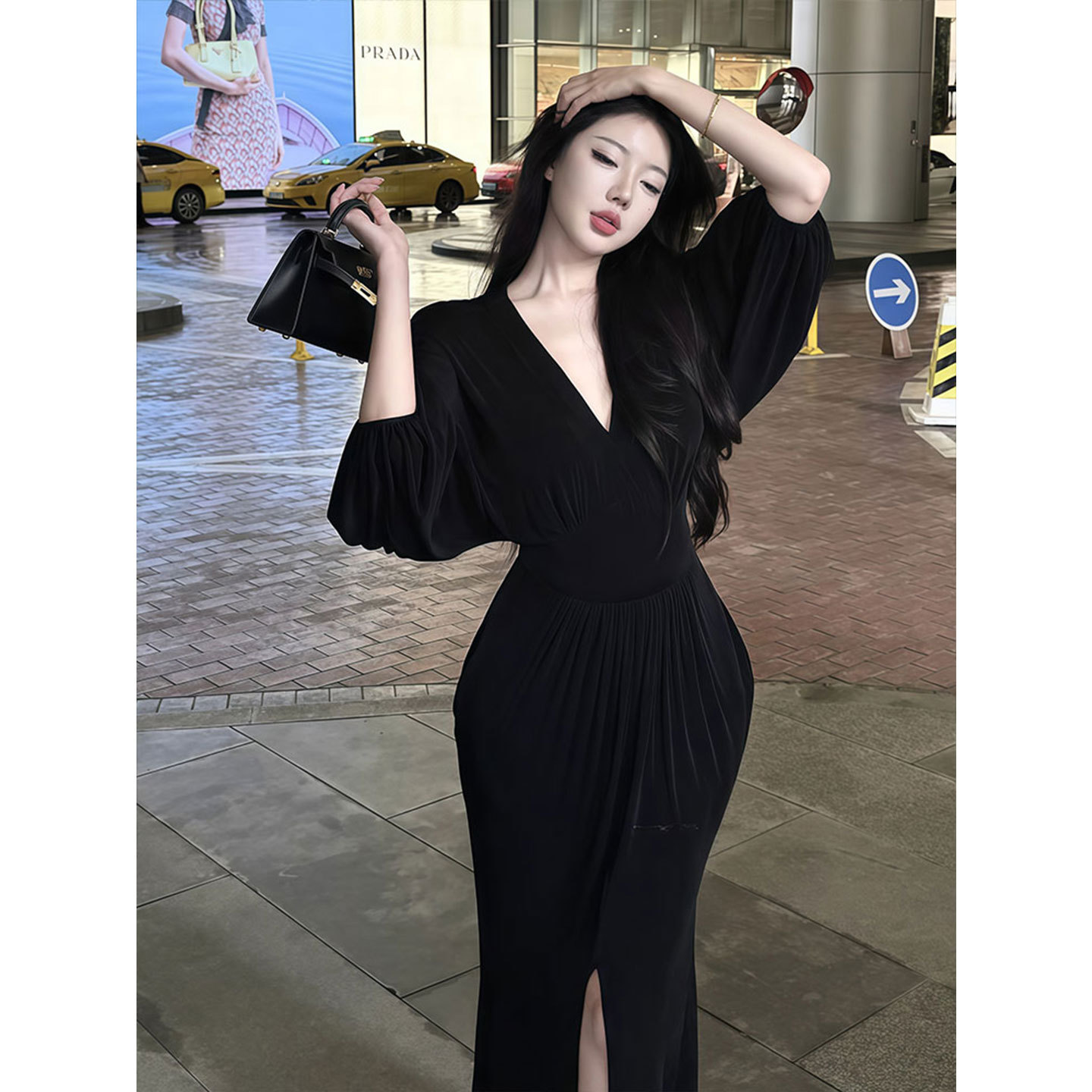 纯欲辣妹V领蓬蓬袖开叉连