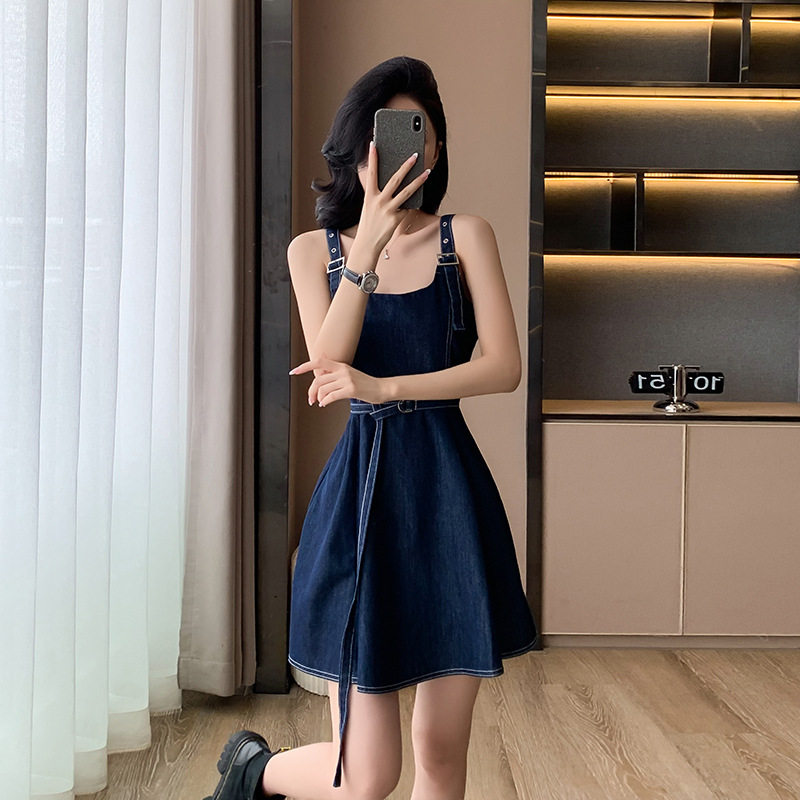韩版牛仔背带连衣裙美式