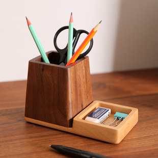 实木笔筒黑胡桃桌面文具用品化妆刷收纳盒轻奢木质收纳罐创意礼物