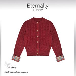 Eternally move刺绣格纹拼接圣诞红毛衣女学院风休闲绞花针织开衫