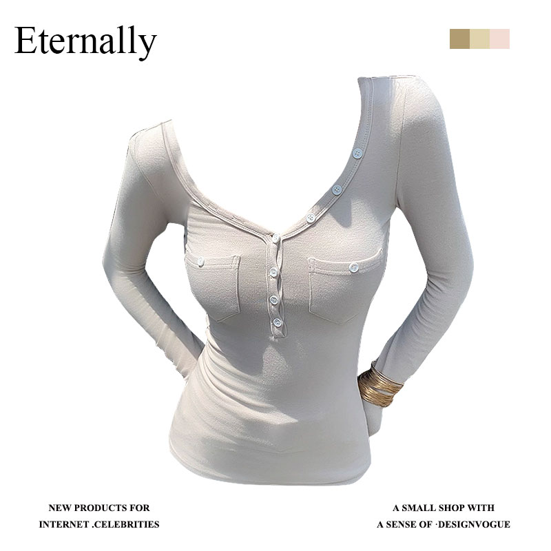 Eternally 老钱风亨利V领长袖T恤女修身针织高弹上衣打底衫