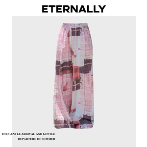 Eternally move不规则拼色格纹直筒显瘦抽绳休闲裤女夏季新款