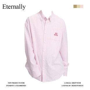 Eternally 女早秋绣小狗休闲衬衣外套宽松上衣 现货 条纹衬衫