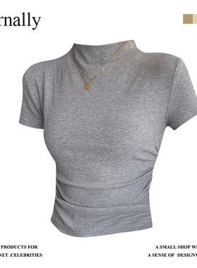 Eternally move 半高领短款黑色紧身上衣女装新款夏季设计感小