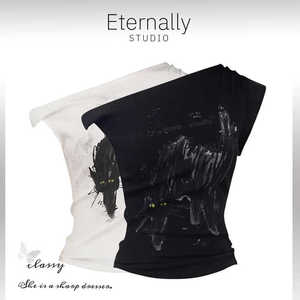 Eternally move 惊恐小猫印花无袖斜肩T恤纯欲辣妹设计感百搭上衣