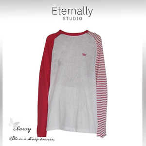 Eternally move 2024日系复古t恤撞色插肩袖条纹微透宽松上衣女