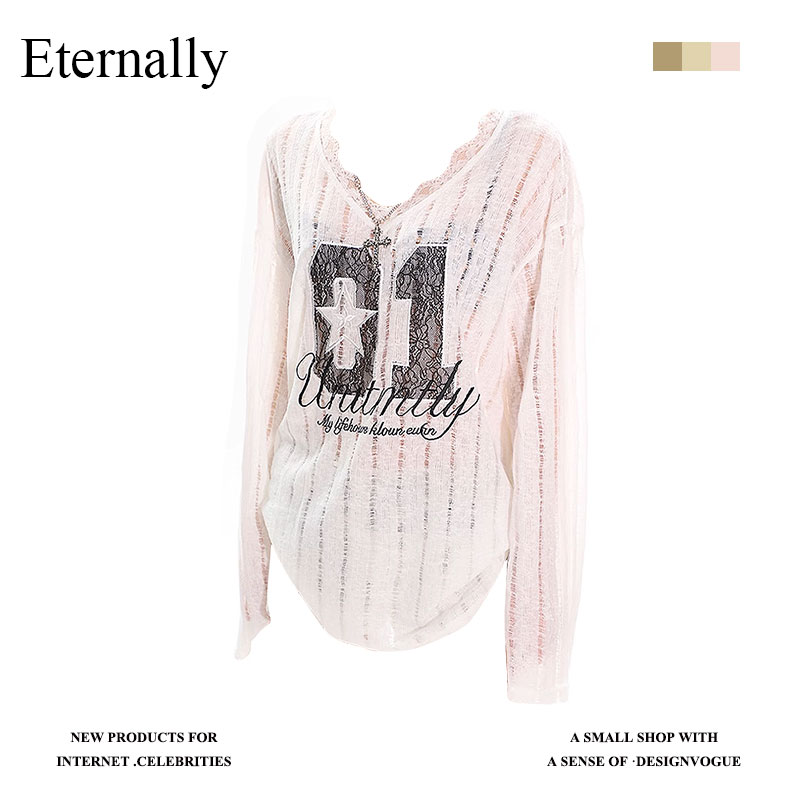 Eternally 设计蕾丝薄款显瘦韩系拼接数字宽松V领防晒罩衫T恤