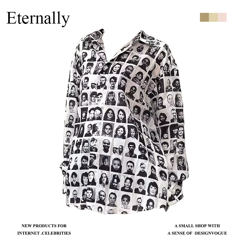 Eternally  时尚简约设计感满印人脸宽松长袖衬衫上衣2025新款