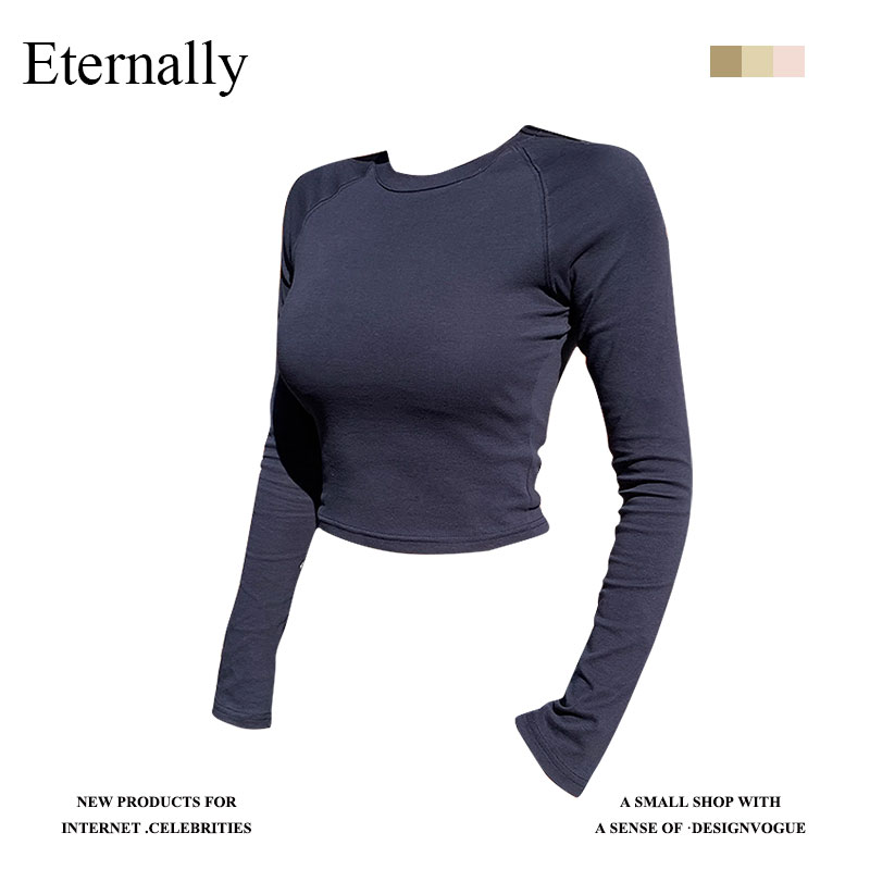 Eternally 短款修身长袖上衣女欧美风漏肚脐性感辣妹紧身T恤
