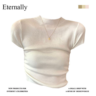 【现货】Eternally 韩版修身半高领褶皱设计感羊毛针织短袖内搭潮