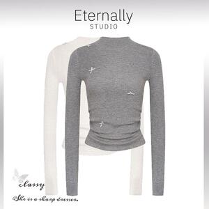 Eternally move 【现货】柔软抽褶蝴蝶结高领长袖套头针织衫上衣