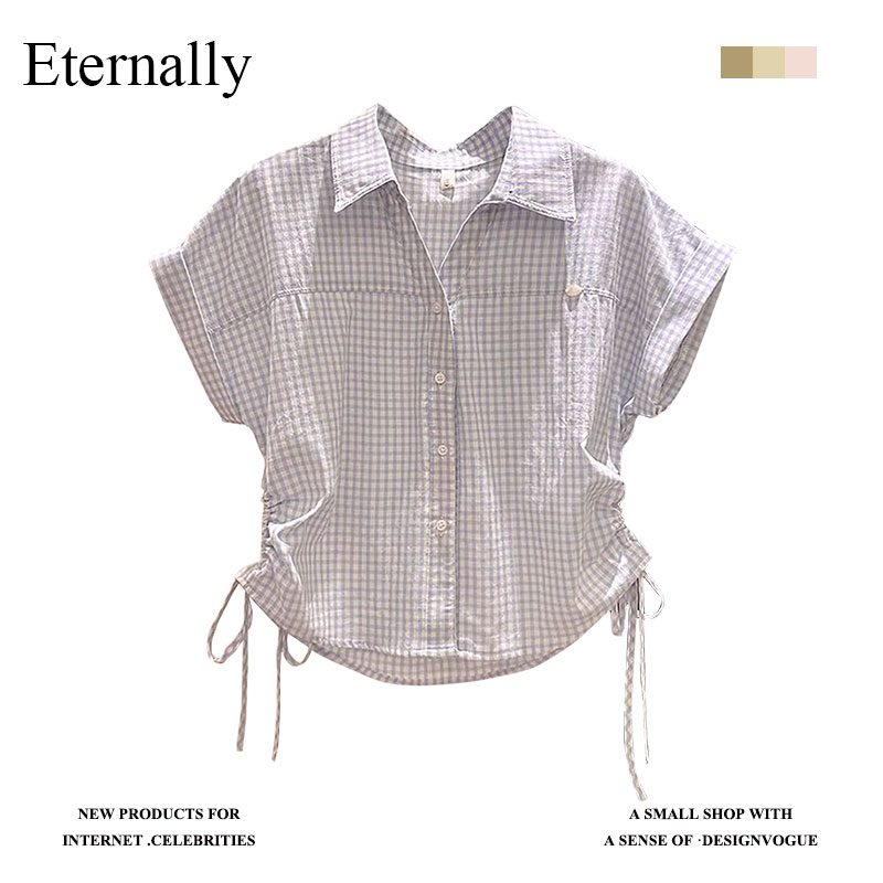 Eternally复古格子衬衫女夏季甜美polo开衫T恤衬衣小清新抽绳上衣