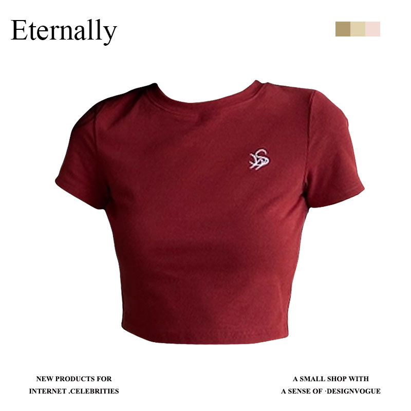 Eternally  辣妹正肩短款短袖T恤女夏季修身显瘦露腰打底衫上衣