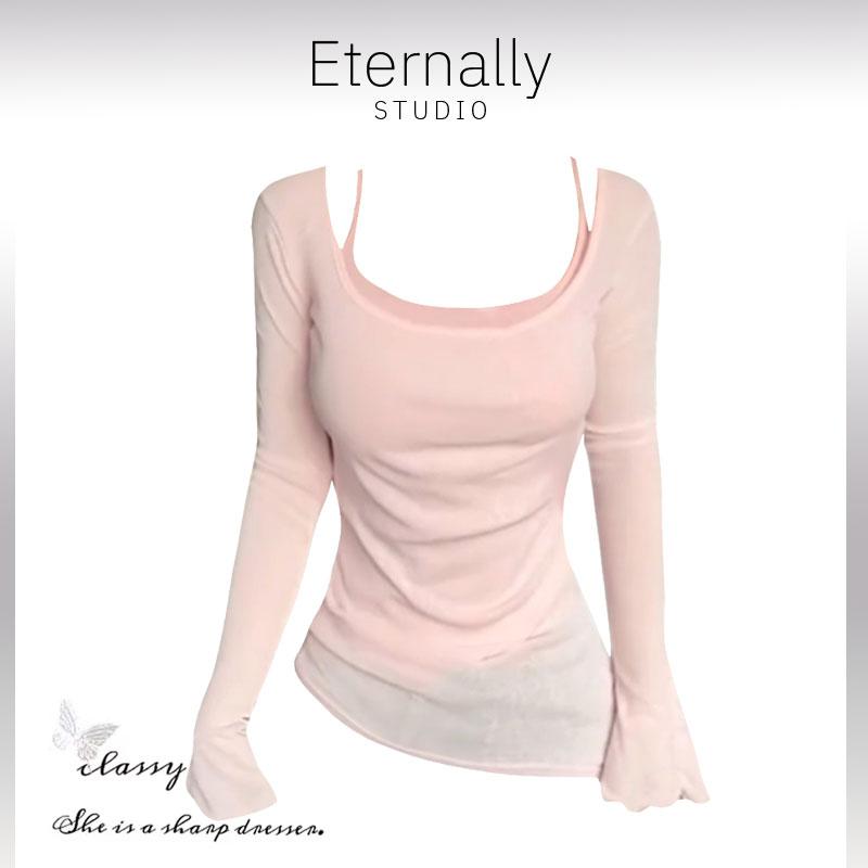 【现货】Eterna辣妹U领喇叭长袖t恤防晒衫修身显瘦纯欲假两件上衣