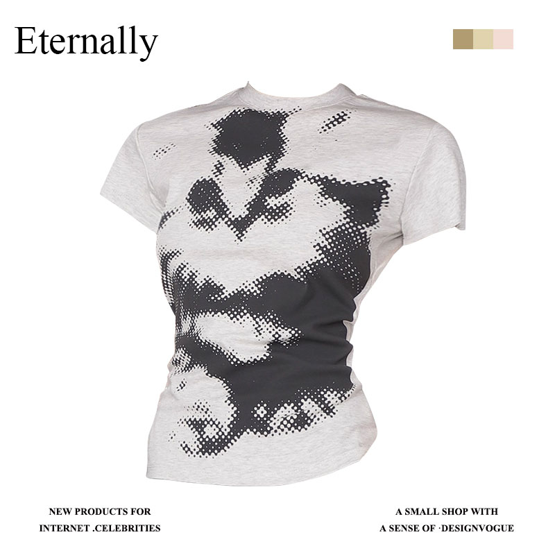 Eternally美式复古像素猫咪印花短袖T恤女夏辣妹修身正肩短款上衣