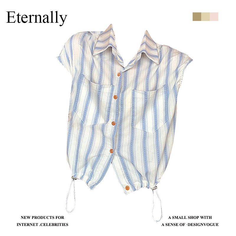 Eternally【现货】撞色条纹Polo领短袖衬衫女2025夏季百搭气质
