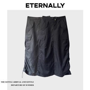 Eternally move 新款美式复古抽绳工装半身裙开衩高腰宽松A字中长