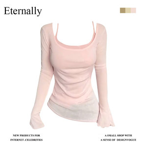 【现货】Eterna辣妹U领喇叭长袖t恤防晒衫修身显瘦纯欲假两件上衣