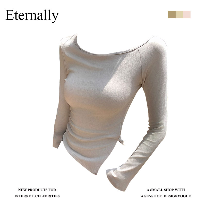 Eternally 早秋美式复古辣妹不规则下摆开叉修身长袖打底上衣