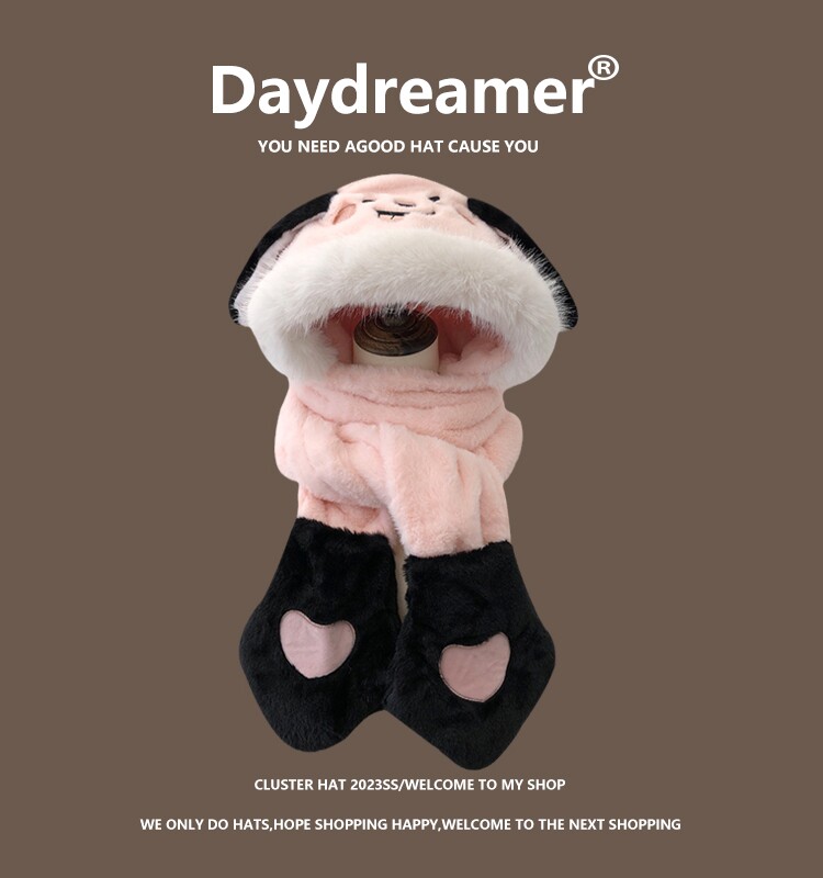 귀가 움직이는 귀여운 강아지 플러시 모자 스카프와 장갑 일체형 여성용 겨울 따뜻한 귀 보호 장치 방한 레이펑 모자