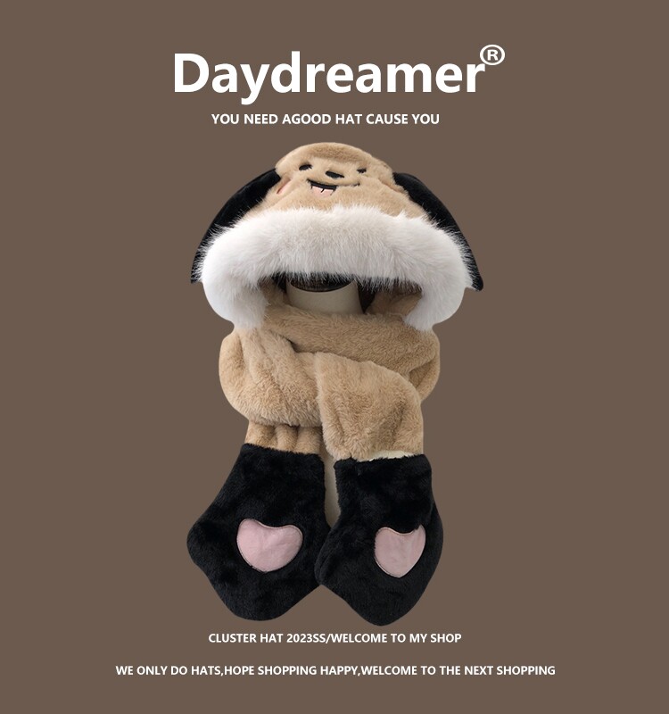 귀가 움직이는 귀여운 강아지 플러시 모자 스카프와 장갑 일체형 여성용 겨울 따뜻한 귀 보호 장치 방한 레이펑 모자