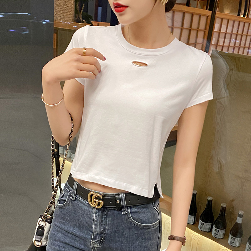 白色t恤女小个子短款高腰露脐上衣纯棉夏装2023年新款潮网红短袖