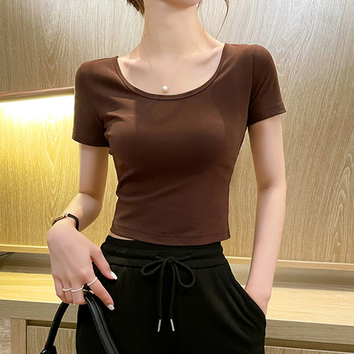 u领短袖t恤女大领口短款露脐上衣