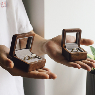 实木戒指盒黑胡桃木结婚对戒盒收纳戒指婚礼交换求婚仪式钻戒盒