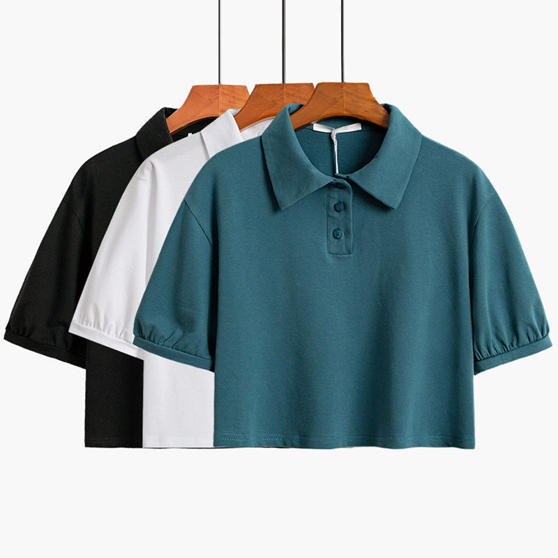 夏季韩版港风高腰短款ins风翻领露脐装小个子POLO衫落肩短袖T恤女