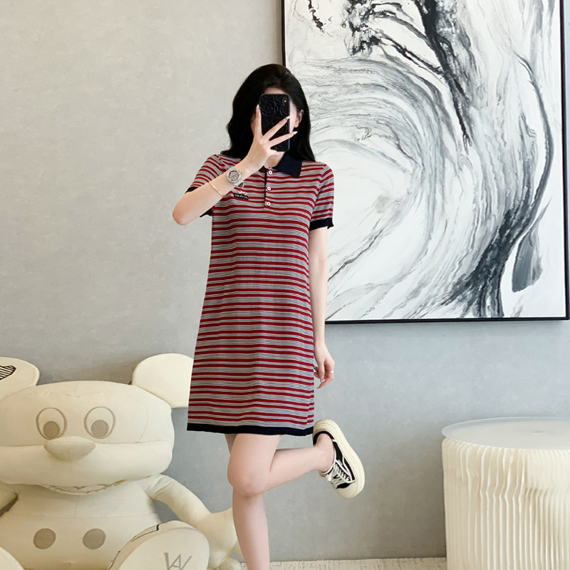 通勤翻领2025夏季新款polo衫T恤条纹撞色短袖连衣裙女显瘦A字裙子